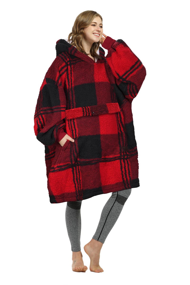 Catalonia Red Plaid Oversized Wearable Blanket Hoodie Sweatshirt, Comfortable Sherpa Lounging Pullover for Adults Men Women Wife Girlfriend, Gift for Her - Image 1